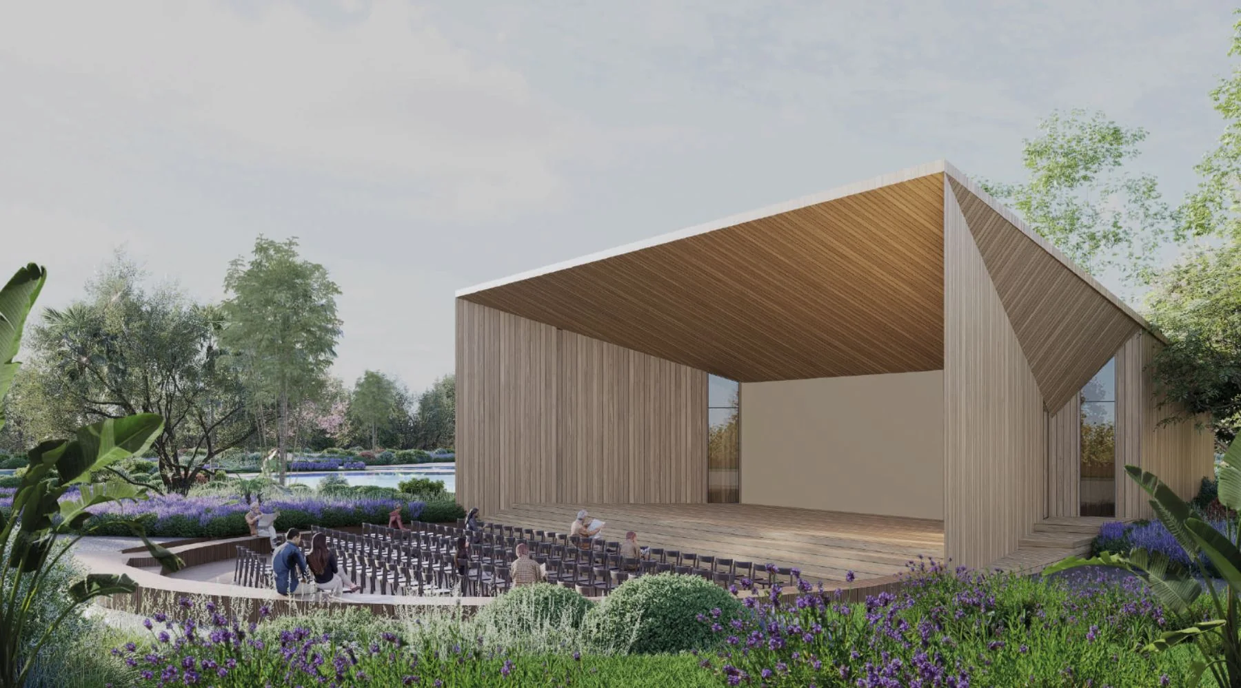 Render di progetto: il teatro all'aperto da 410 posti immerso nel verde